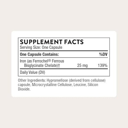 Thorne gentle non constipating iron supplement 25 mg supplement facts label