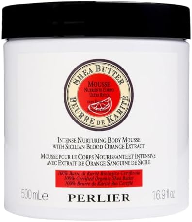 Perlier organic shea butter luxury body cream with Sicilian blood orange packaging details