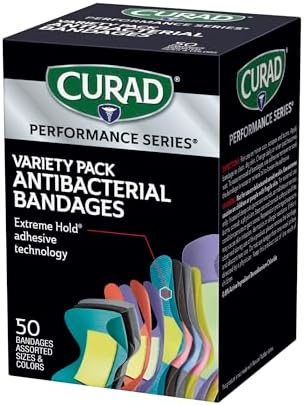 Curad fifty count assorted fabric bandages packaging detailing standard extra large finger and knuckle sizes
