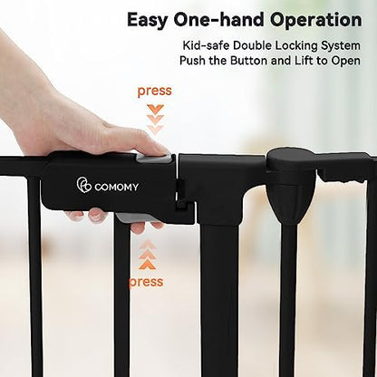 COMOMY hardware mounted dog gate protecting a wide stairway opening in a modern home.