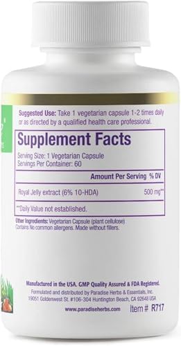 Side label of Paradise Herbs ultra pure freeze dried royal jelly supplement showing 500 milligrams dosage facts.