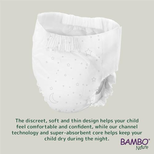 Back view of Bambo Nature eco-labeled pull up pants packaging highlighting hypoallergenic and chemical free certifications.