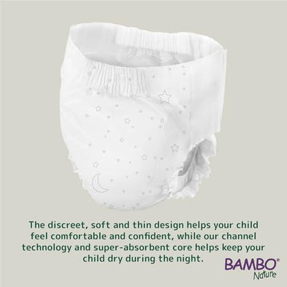 Back view of Bambo Nature eco-labeled pull up pants packaging highlighting hypoallergenic and chemical free certifications.