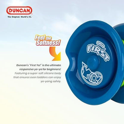 Side profile of Duncan First Yo! blue green yo-yo for kids