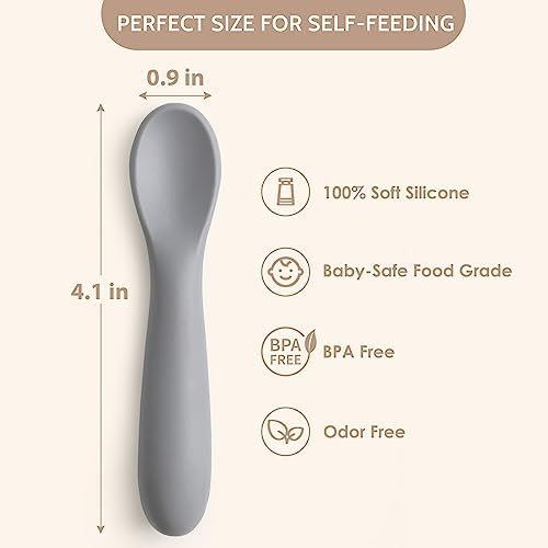 Close up view of the soft flexible food grade silicone tip on a first stage baby training spoon.