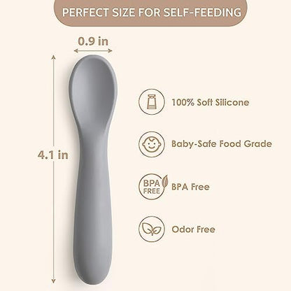 Close up view of the soft flexible food grade silicone tip on a first stage baby training spoon.