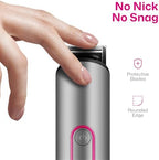PRITECH pubic hair shaver for sensitive skin resting on its vertical standing charging base.