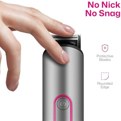 PRITECH pubic hair shaver for sensitive skin resting on its vertical standing charging base.