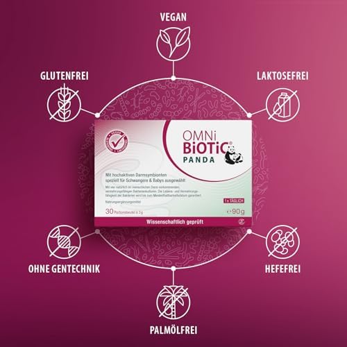 Side view of OMNi BiOTiC Panda 90 Gram packaging detailing the four active human bacterial strains