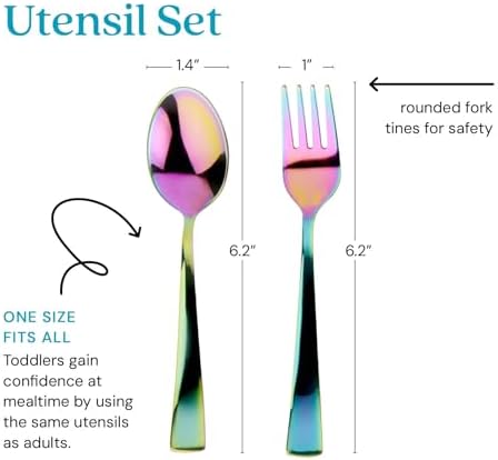 Rainbow colored toddler silverware set on a neutral background