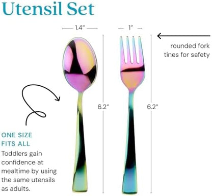 Rainbow colored toddler silverware set on a neutral background