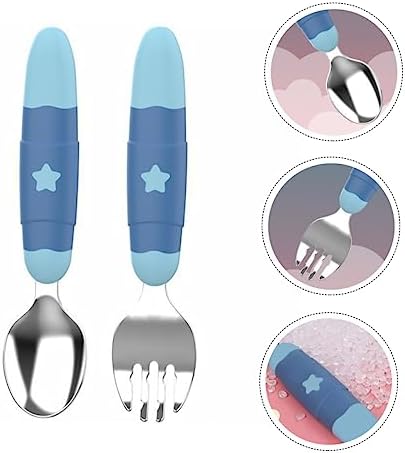 Side angle view of the lightweight Toyvian toddler self-feeding spoon and fork set.