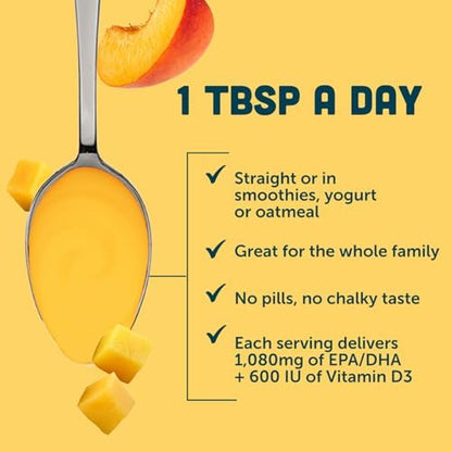 Barlean's mango peach smoothie fish oil liquid mixed into a healthy breakfast bowl