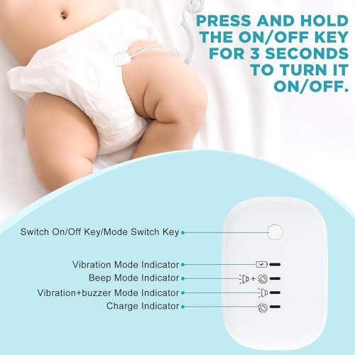 LINGSFIRE rechargeable pee alarm showing USB charging port and settings.