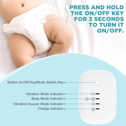 LINGSFIRE rechargeable pee alarm showing USB charging port and settings.