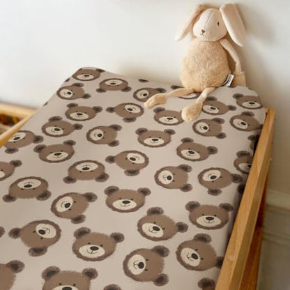 Side view showing elastic fit of boho bear changing table sheet