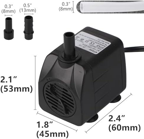 Lyqily submersible aquarium pump unboxed with included 3.2-foot tubing kit and two nozzles.