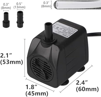 Lyqily submersible aquarium pump unboxed with included 3.2-foot tubing kit and two nozzles.