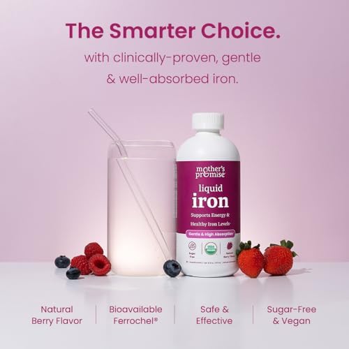 Back label view of Mother's Promise liquid iron supplement outlining the clean ingredients and high-absorption Ferrochel iron facts.