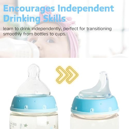Six pack of clear silicone replacement nipples for baby sippy cups neatly arranged