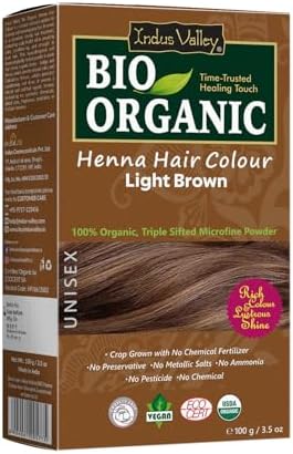 Indus Valley Bio Organic Light Brown Henna powder box displaying natural herbal ingredients.