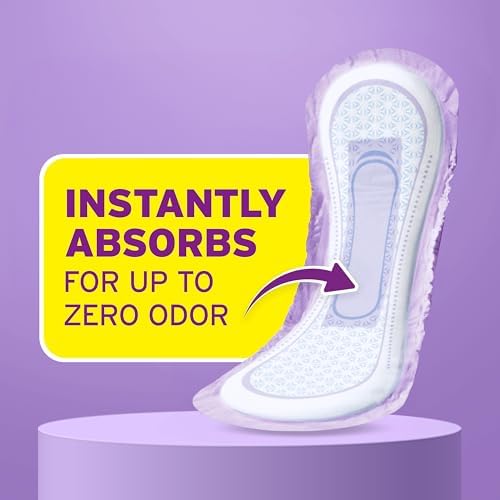 Side view of Poise postpartum pads displaying product information and absolute zero odor guarantee