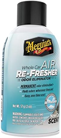 Side angle of Meguiar's New Car Scent odor eliminator mist highlighting the single-use locking trigger mechanism.