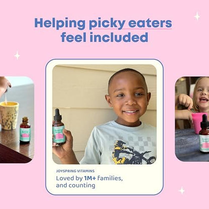 Kid friendly liquid vitamins bottle showcasing the sugar free and alcohol free certifications.
