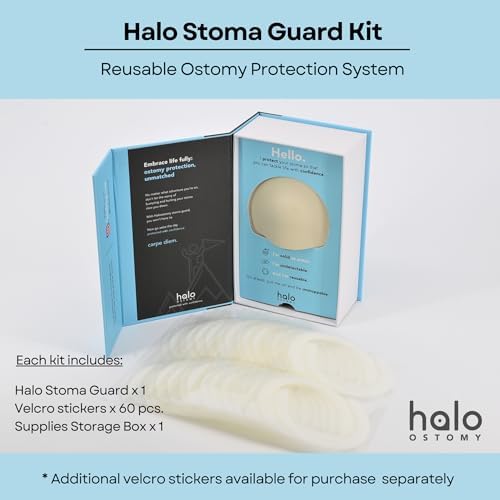 Low profile ostomy protector shield compatible with Hollister and Coloplast appliances.