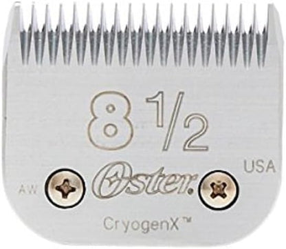 Authentic USA made Oster professional pet grooming clipper blade showing titanium coating.