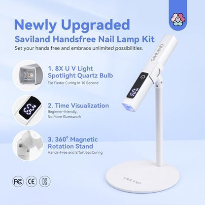Saviland cordless mini nail dryer showing the LCD touchscreen timer display