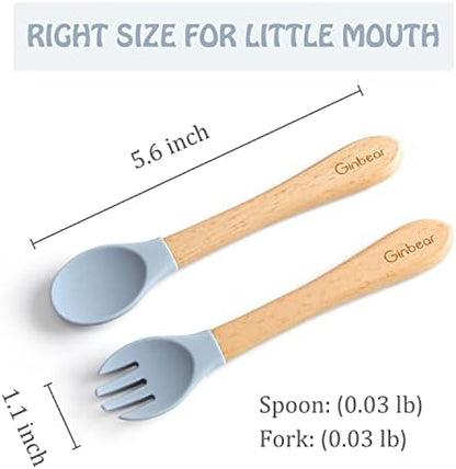Ginbear soft-tip baby cutlery in Hazy Green and Almond