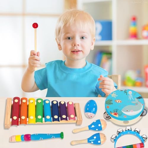Toddler friendly wooden percussion toys designed for developing rhythm and coordination.