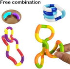 Close up of colorful twistable fidget toys in hand