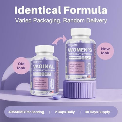 MEGNETA feminine wellness supplement packaging for elasticity and pH balance.
