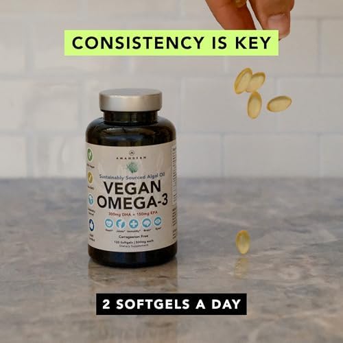 Amandean algal oil supplement bottle highlighting carrageenan free tapioca capsule details