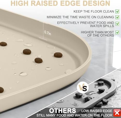 Smilool beige pet food mat under pet bowls setup