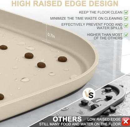 Smilool beige pet food mat under pet bowls setup