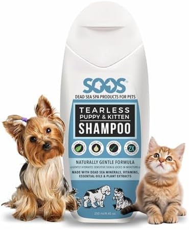 Close up of Soos pet shampoo label showing natural Dead Sea mineral benefits