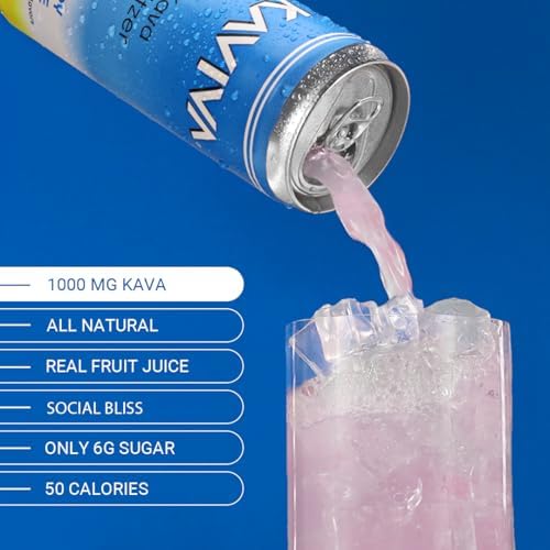 Premium noble kava root extract sparkling seltzer cans arranged on a clean background.