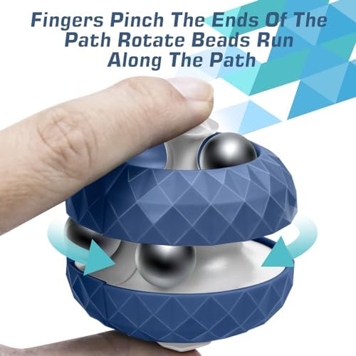 Compact pocket-sized blue infinity puzzle game being held in an adult hand to showcase product dimensions.