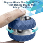 Compact pocket-sized blue infinity puzzle game being held in an adult hand to showcase product dimensions.