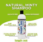 Close up of Buggin Out lice shampoo label highlighting peppermint oil