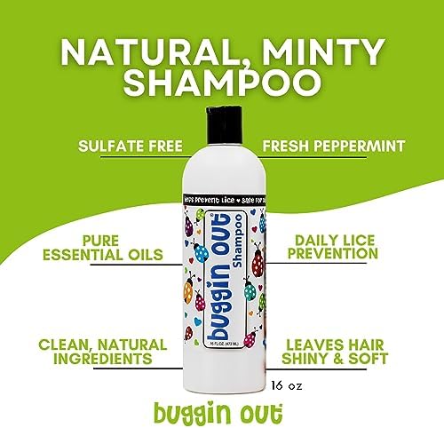 Close up of Buggin Out lice shampoo label highlighting peppermint oil