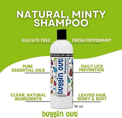 Close up of Buggin Out lice shampoo label highlighting peppermint oil