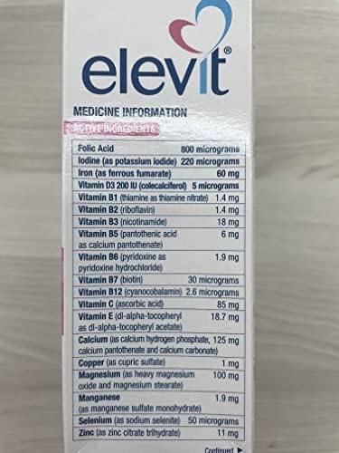 Elevit supplement for pregnant and breastfeeding women displaying iodine and folic acid formulation