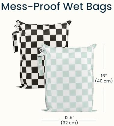 Tiny Twinkle wet bags hanging from a stroller for on-the-go storage