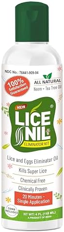 Close up of Lice-Nil packaging highlighting pesticide free and non-toxic claims.