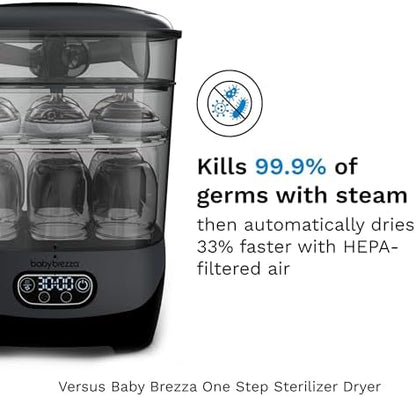 Baby Brezza Sterilizer and Dryer Advanced open with bottle racks