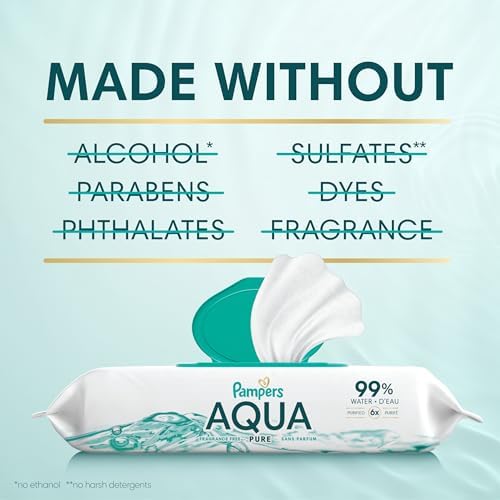 Pampers Baby Wipes Aqua Pure, 99% water-based wipes, Hypoallergenic and Unscented Baby Wipes, 672 Wipes Total (12 Flip-Top Packs) - Image 5